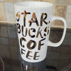 Starbucks White 16 Oz Mug with Gold Lettering